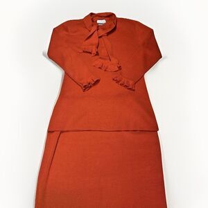 Vintage Adrianna Papell Rust Knit Skirt Set Ruffle Tie Neck Sweater L